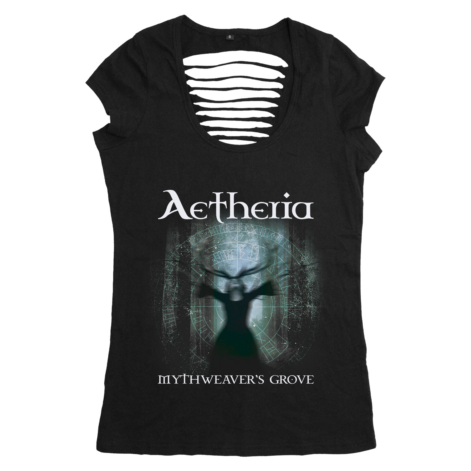 Mockup of a woman's t-shirt with the album cover printed on it