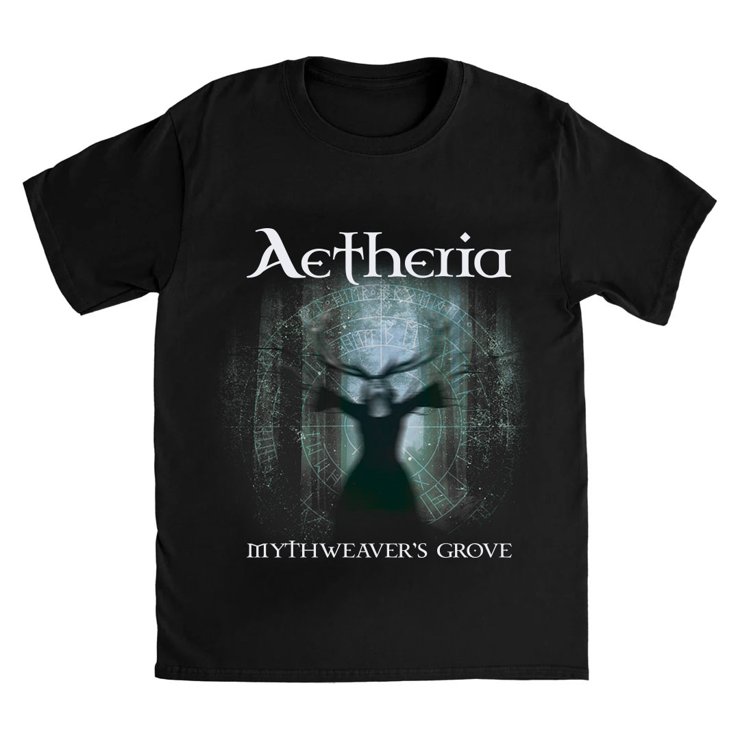 Mockup of a man's t-shirt with the album cover printed on it