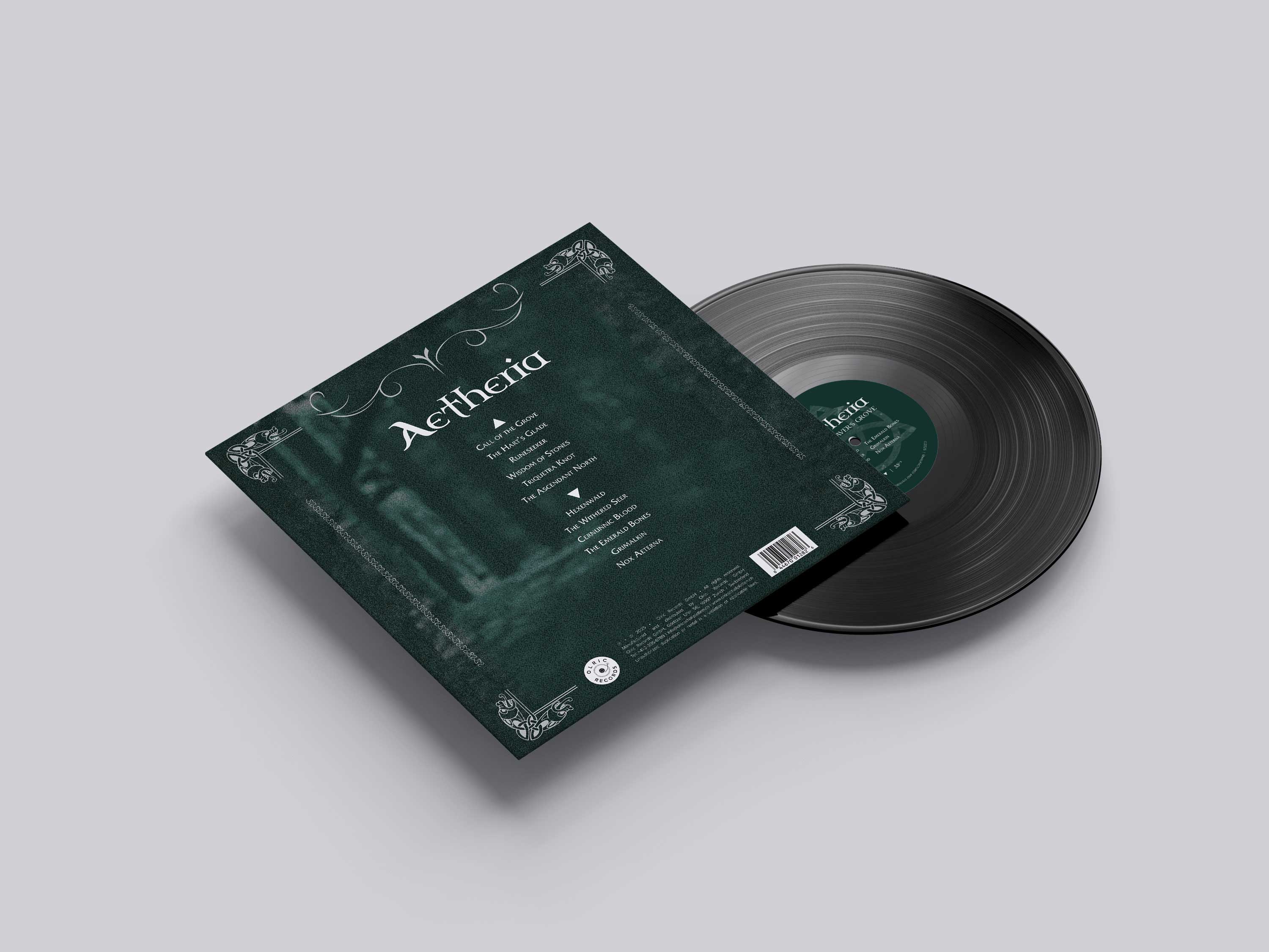 Back cover of the band's new vinyl album called Mythweaver's Grove