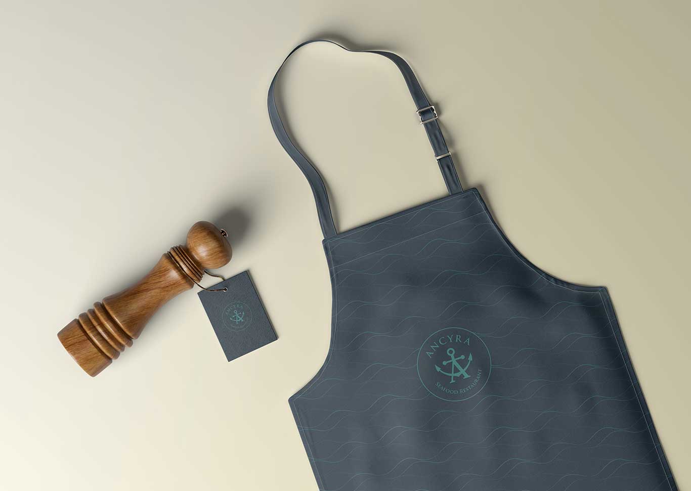 A top view of the Ancyra Seafood Restaurant apron.