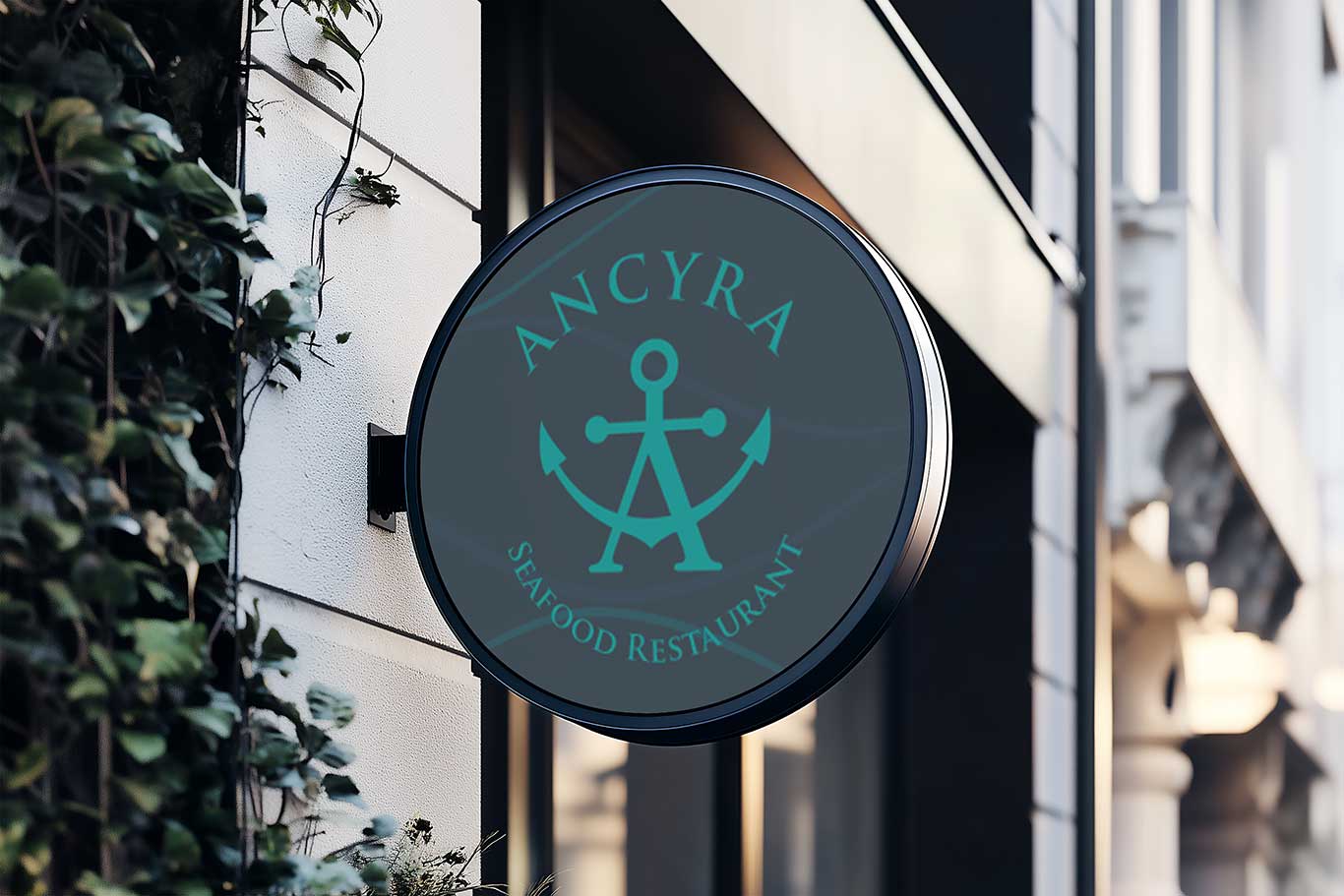 A front view of the Ancyra Seafood Restaurant signboard