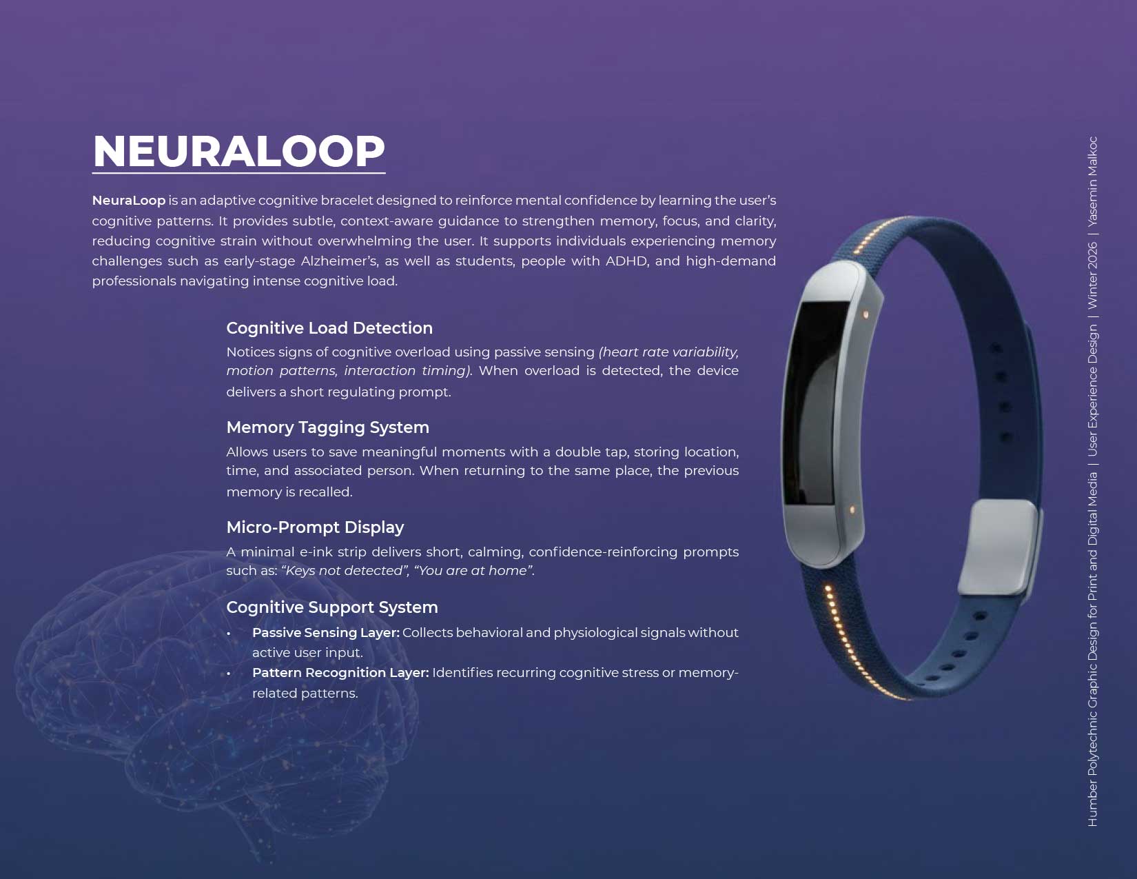 A visual representation of the Neuraloop bracelet and its features.