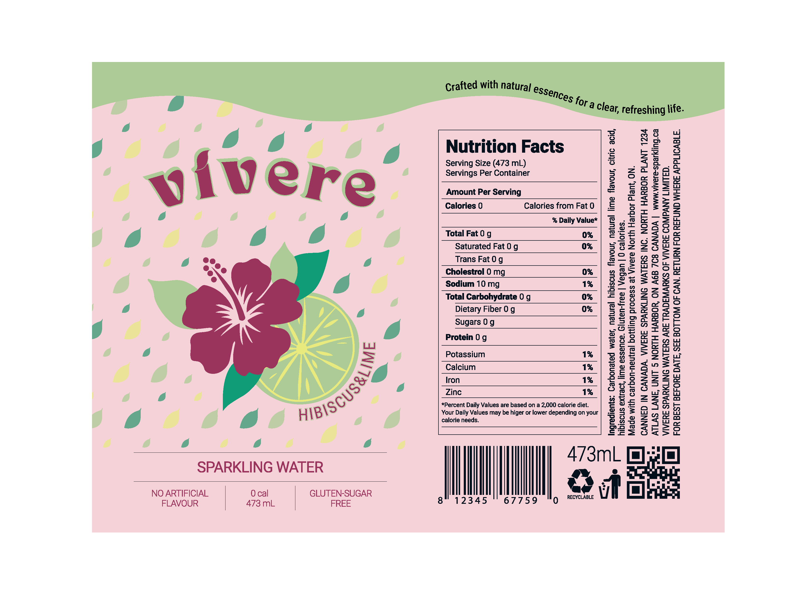 Hibiscus and lime flavored Vivere beverage can package design