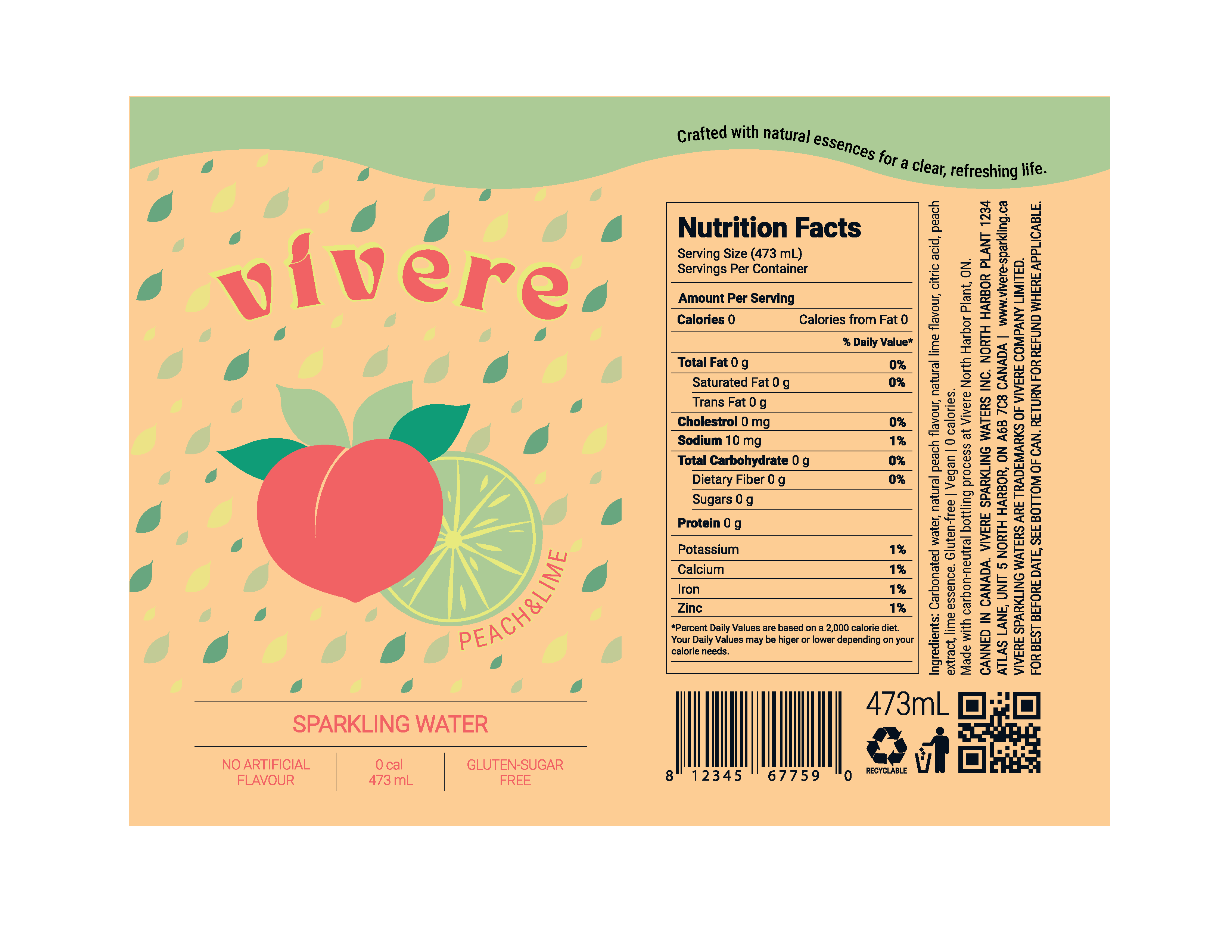 Peach and lime flavored Vivere beverage can package design